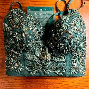 Crop Top, Bralette, Top, Shirt, Green, Jewels